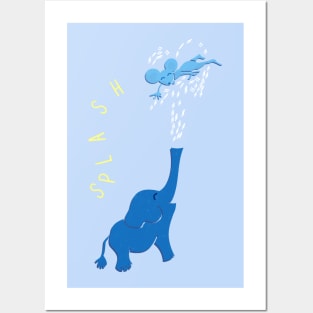 Elephant and Mouse Playing with Water - Summer Design For Kids Posters and Art